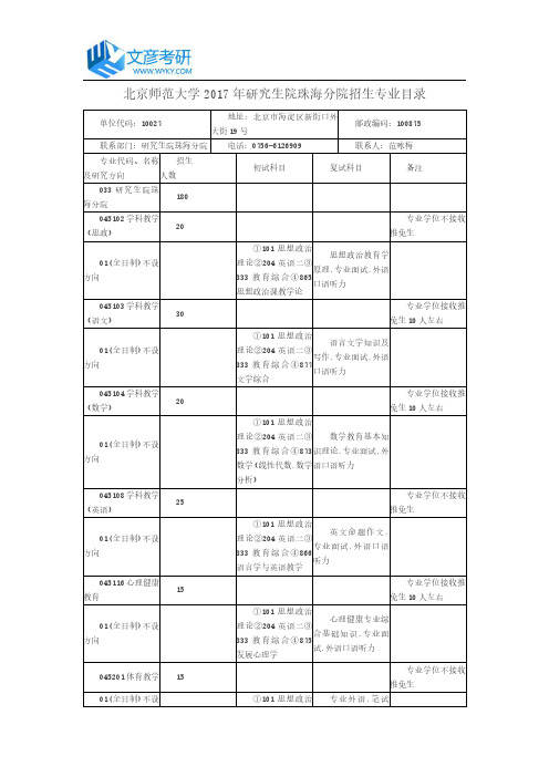 北京师范大学2017年研究生院珠海分院招生专业目录_北师大考研网