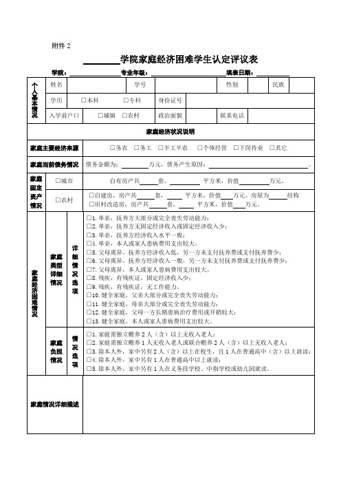 学院家庭经济困难学生认定评议表