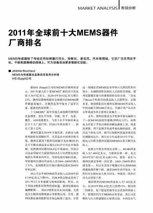 2011年全球前十大MEMS器件厂商排名