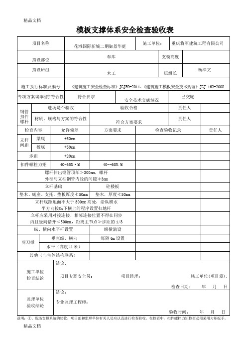 最新模板支撑体系安全检查验收表