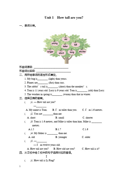 六年级下册英语试题-Unit 1%E3%80%80How tall are you_ 人教(PEP)(2014秋)(含答案)