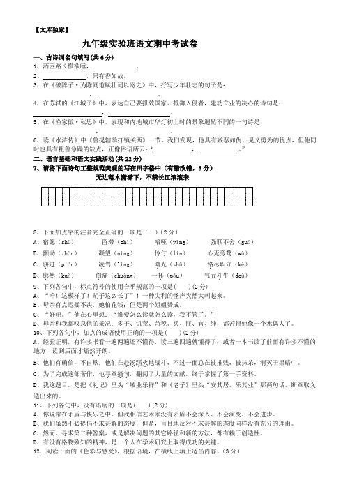 2020人教版九年级语文上学期期中冲刺测试卷