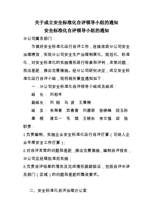 关于成立安全标准化自评领导小组的通知