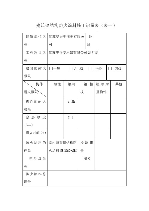 建筑钢结构防火涂料施工记录表