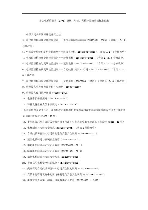 2020年参加电梯检验员(DT-1)资格(取证)考核涉及的法规标准目录