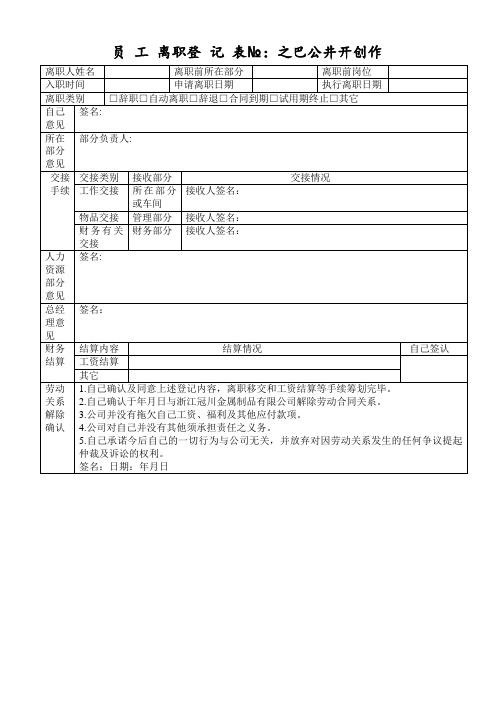 员工离职登记表(最新范本模板)