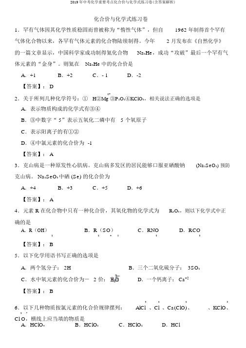 2019年中考化学重要考点化合价与化学式练习卷(含答案解析)