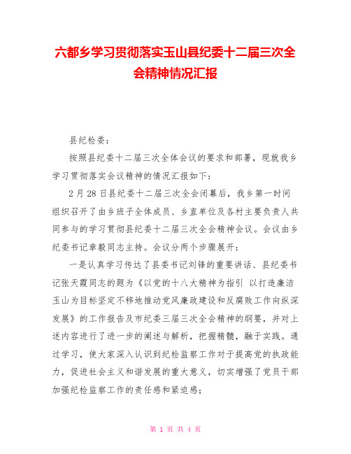 六都乡学习贯彻落实玉山县纪委十二届三次全会精神情况汇报