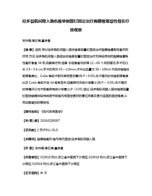 经多裂肌间隙入路伤椎单侧置钉固定治疗胸腰椎爆裂性骨折疗效观察