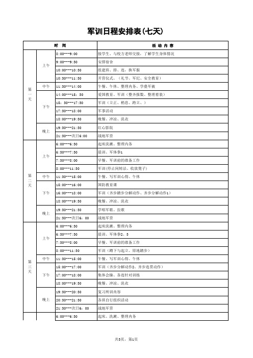 军训日程安排表(7天详细计划)