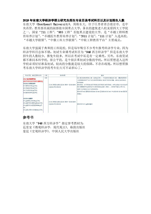 2019年东南大学经济学硕士研究生招生专业目录考试科目以及计划招生人数