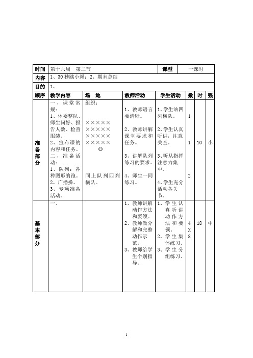 一二年级体育《1、30秒跳小绳;2、期末总结》教学设计