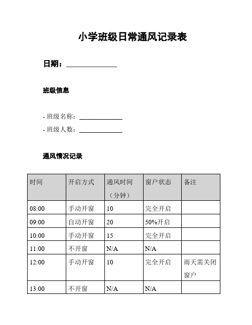 小学班级日常通风记录表