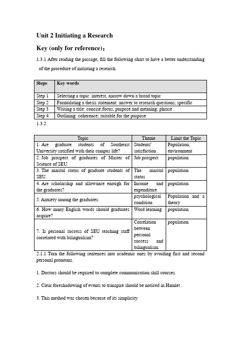 东南大学研究生一年级学术英语教科书答案chapter2