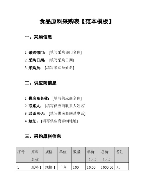 食品原料采购表【范本模板】
