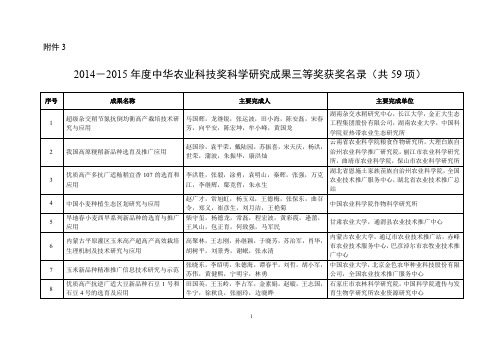 2014-2015年度中华农业科技奖科研成果三等奖获奖名录