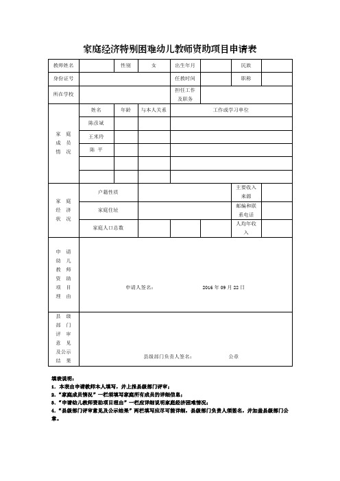 家庭经济特别困难幼儿教师资助项目申请表