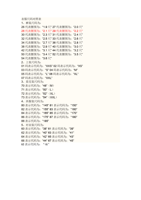 衣服尺码对照表