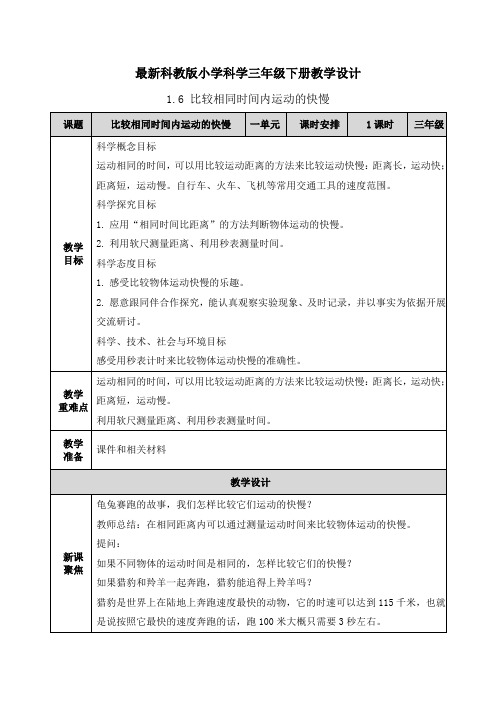 【2020科教版小学科学三年级下册】1单元1.6 比较相同时间内运动的快慢 教案