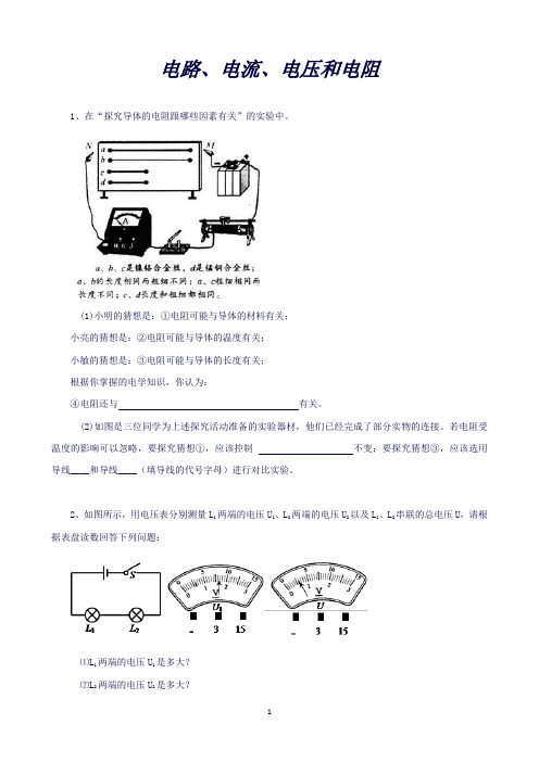 【附答案】黑龙江省大庆市喇中初中物理大题集练电路、电流、电压和电阻