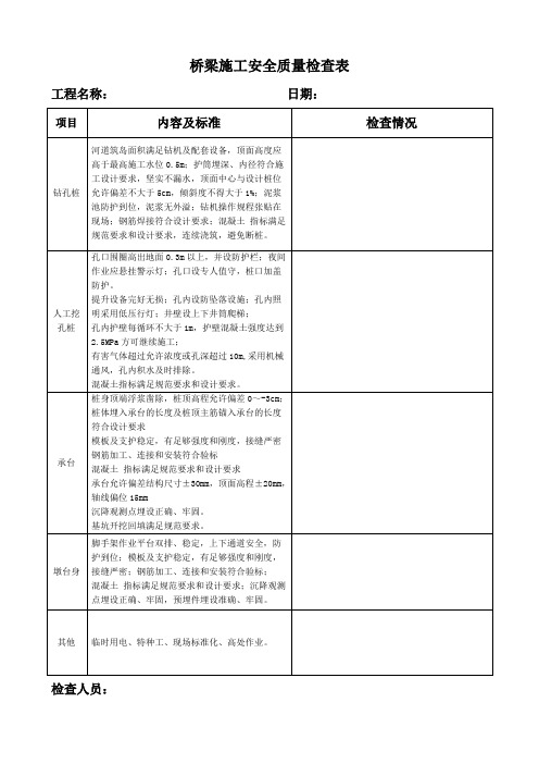 桥梁施工安全质量检查表