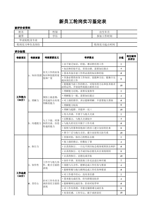新员工轮岗实习鉴定表