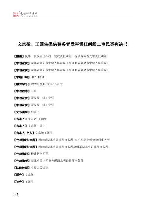 文宗敬、王国生提供劳务者受害责任纠纷二审民事判决书