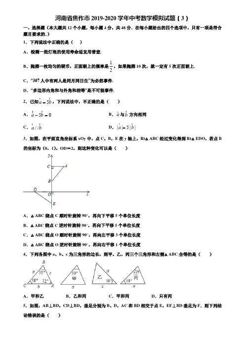 河南省焦作市2019-2020学年中考数学模拟试题(3)含解析