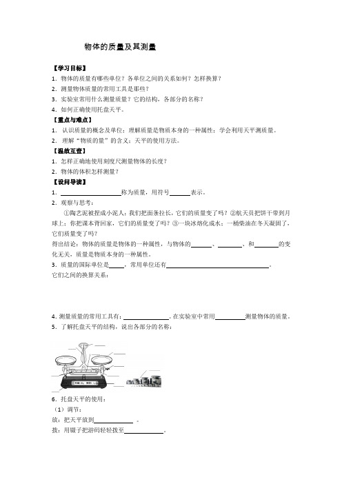 北师大版物理八年级上册2.2物体的质量及其测量导学案设计