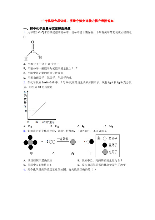 中考化学专项训练：质量守恒定律能力提升卷附答案