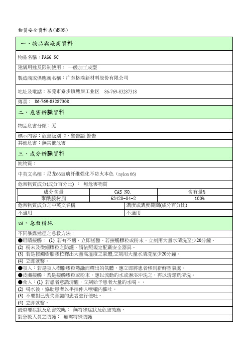 PA66 NC MSDS(尼龙66玻璃纤维强化不防火本色)