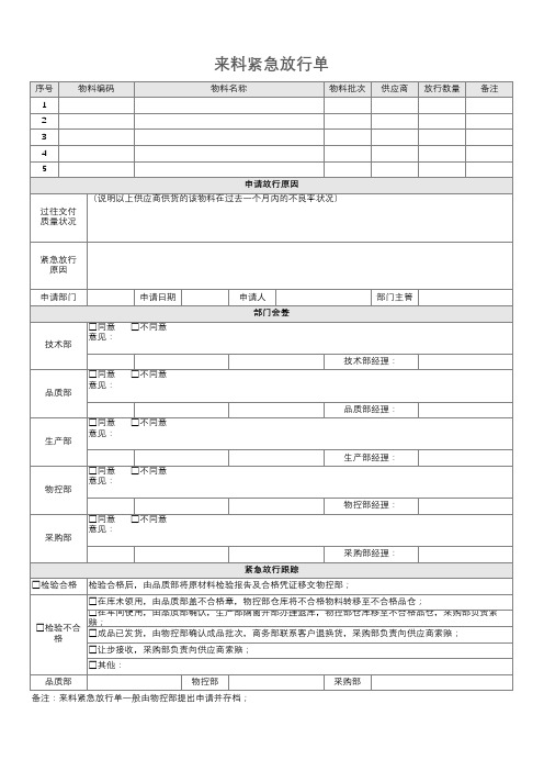 来料紧急放行单