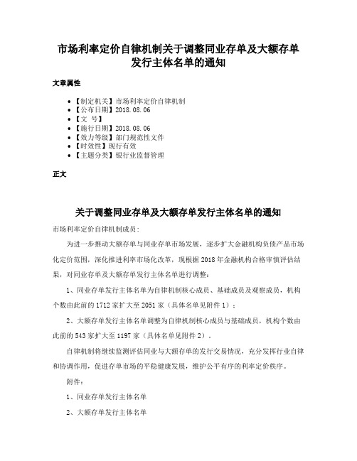 市场利率定价自律机制关于调整同业存单及大额存单发行主体名单的通知