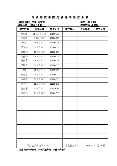 白城师范学院选修课学生汇总表.