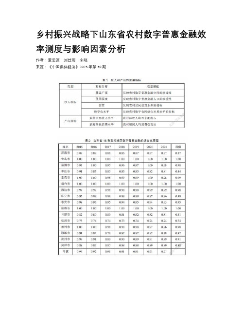 乡村振兴战略下山东省农村数字普惠金融效率测度与影响因素分析