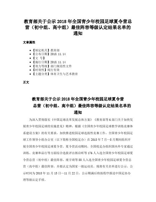 教育部关于公示2018年全国青少年校园足球夏令营总营（初中组、高中组）最佳阵容等级认定结果名单的通知