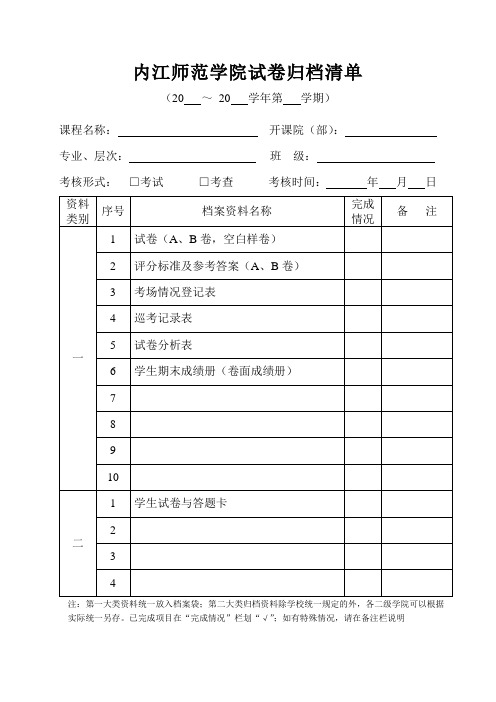 内江师范学院 试卷归档清单