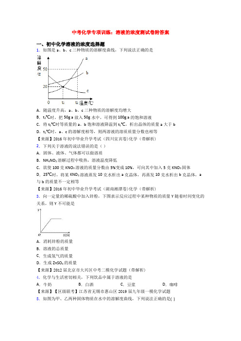 中考化学专项训练：溶液的浓度测试卷附答案