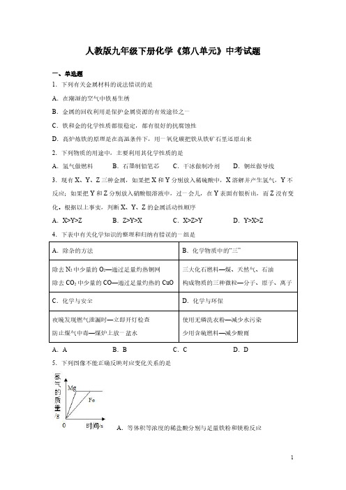 人教版九年级下册化学《第八单元》中考试题含答案