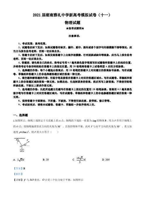 2021届湖南雅礼中学新高考模拟试卷(十一)物理试题