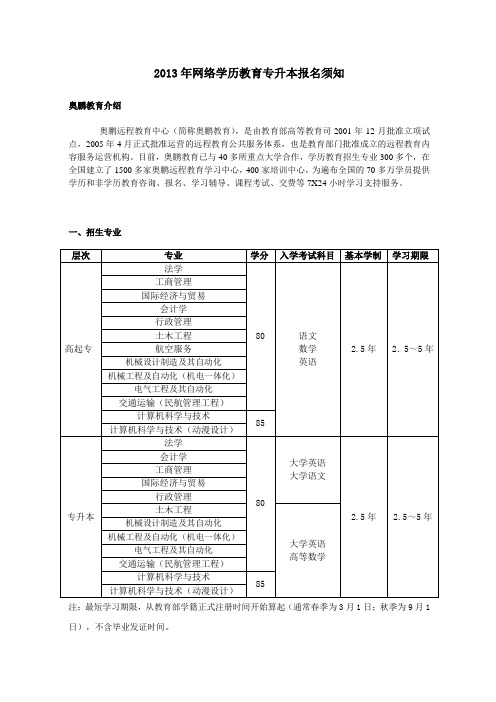 2013年网络学历教育专升本报名须知