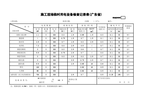 广东省安全资料电气填写范例：电气线路绝缘强度测试记录、施工现场临时用电设备明细表