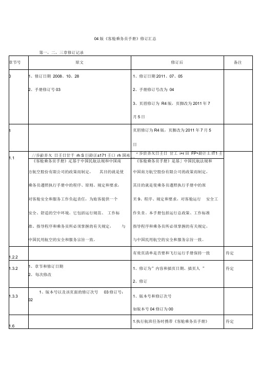 《客舱乘务员手册》修订汇总