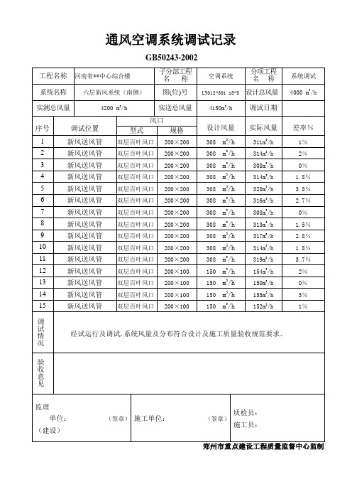 通风空调系统调试记录(主楼新风机)