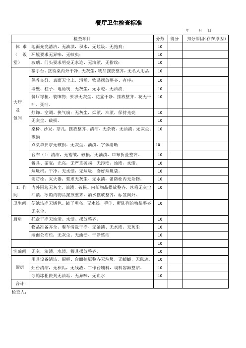 餐厅卫生检查表