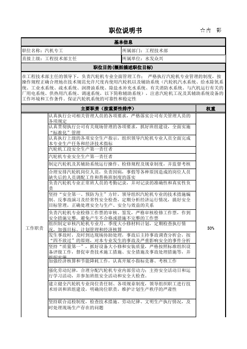 汽机专工职位说明书