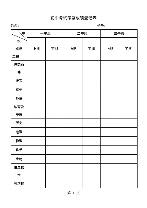 初中考试考查成绩登记表