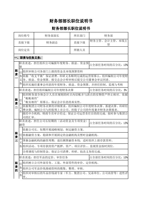 财务部部长职位说明书