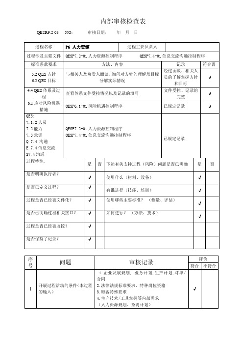 企业人力资源内部审核检查表