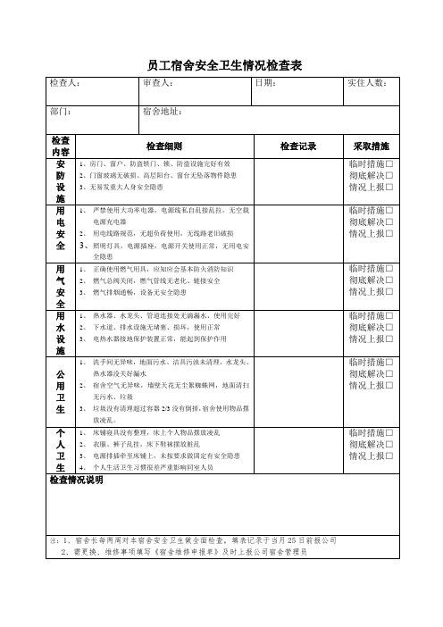 公司员工宿舍安全卫生检查表